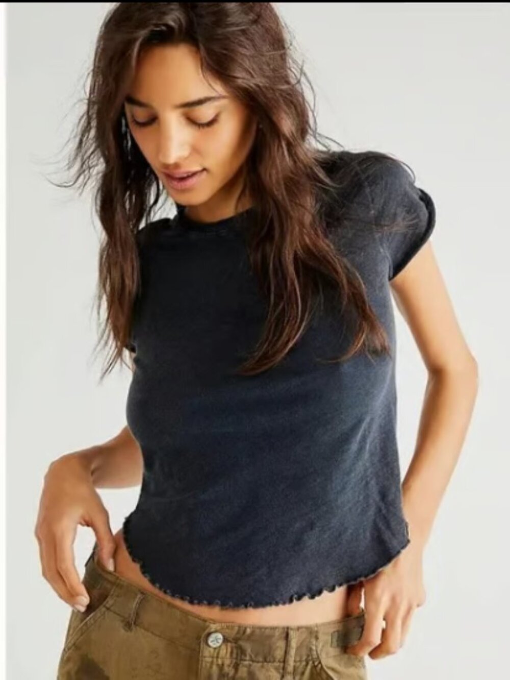 WE THE FREE PEOPLE BE MY BABY SCALLOPED EDGE TEE TOP BLACK WASHED GRAY NEW S